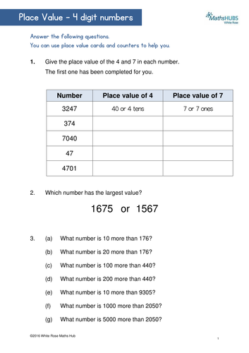 4 Digit Numbers Place Value Worksheet