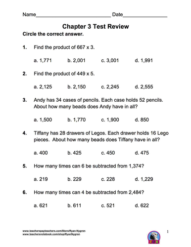 Singapore 4th Grade Chapter 3 Math Test Review (6 pages) | Teaching ...