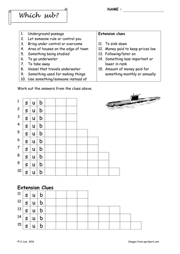 Prefix Word work:  SUB