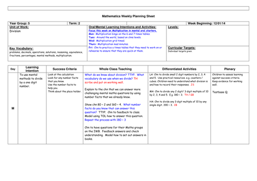 Year 5 - Division Planning Differentiated 5 Days