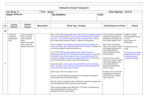 Year 5 - Reflection, parallel and perpendicular lines, Coordinate  Planning Differentiated 4 Days