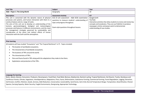 NEW AQA GCSE GEOGRAPHY - The Living World Scheme Of Work & Unit Plan