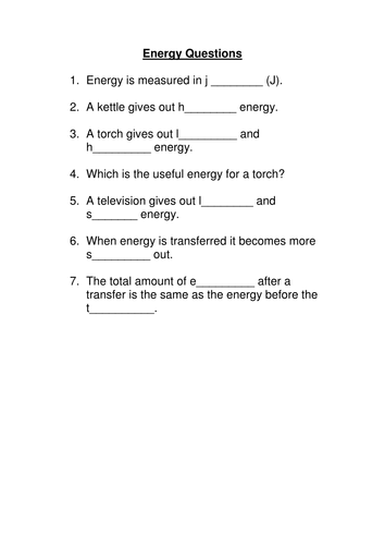 KS3 Energy Questions | Teaching Resources