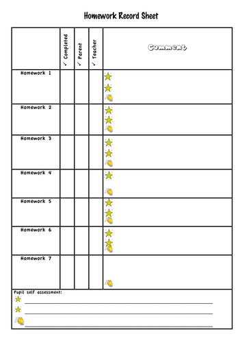 Homework recording sheet for students picture
