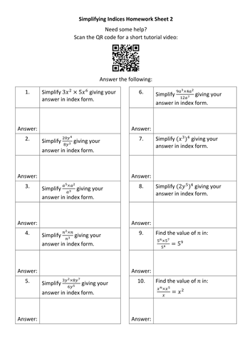 Indices worksheet tes picture