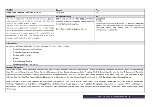 NEW AQA GCSE GEOGRAPHY - Physical Landscapes In The UK -  Scheme Of Work & Unit Plan