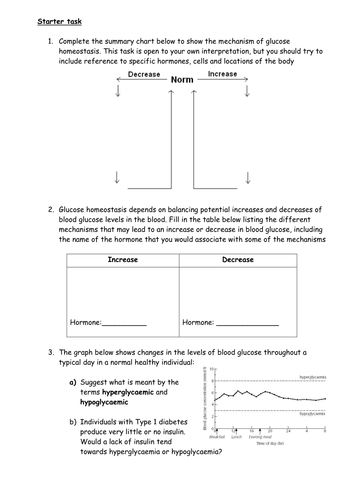 Glucose homeostasis starter/plenary task