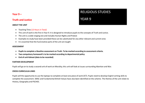 13 Lesson Scheme of work -Year 9 (Truth and Justice)