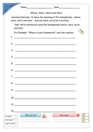 Where, Were, We're and Wear - Information Sheet and Set of 4 Worksheets ...