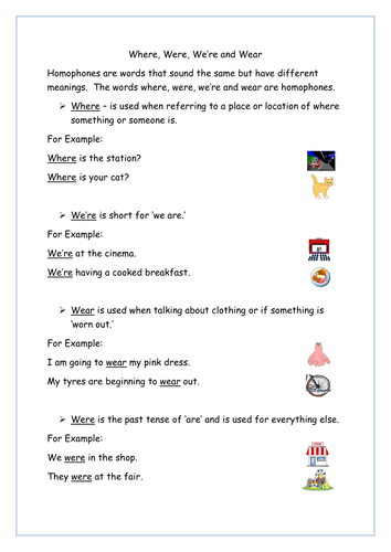 Where, Were, We're and Wear - Information Sheet and Set of 4 Worksheets ...