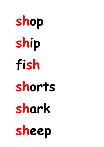 SH digraph pictures and words matching