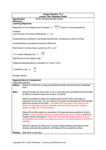 Physics A-Level Year 2 Lesson - Planetary Fields (PowerPoint AND lesson plan)