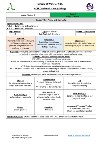 NEW Lesson 1: Animal and Plant Cells Biology Combined Science Trilogy (AQA) - Paper 1