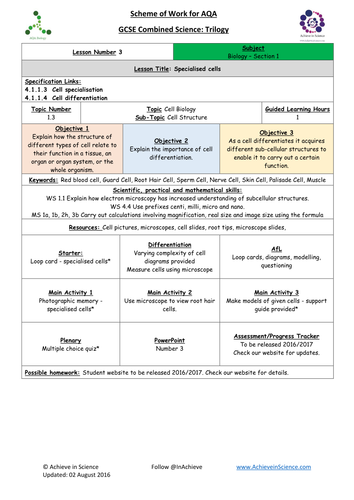 NEW Lesson 3 Specialised Cells -   Biology Combined Science Trilogy (AQA) – Paper 1