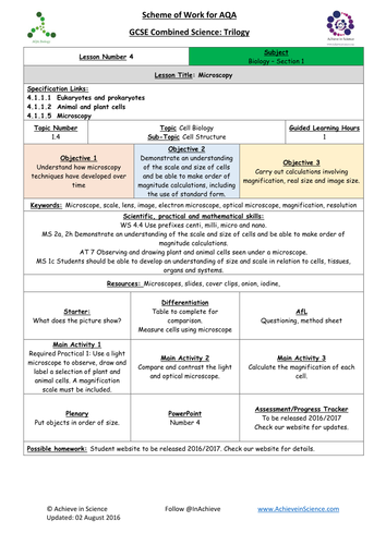 NEW Lesson  4 Microscopy - Biology Combined Science Trilogy (AQA) – Paper 1