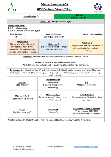 NEW Lesson 5 Mitosis and Cell Cycle  Biology Combined Science Trilogy (AQA) – Paper 1