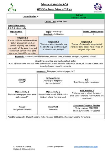 NEW Lesson 6 Stem Cells  Biology Combined Science Trilogy (AQA) – Paper 1