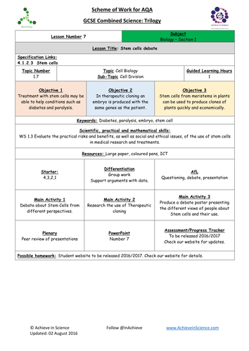 NEW Lesson 7 Stem Cell Debate  Biology Combined Science Trilogy (AQA) – Paper 1