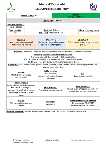 NEW Lesson 11 Osmosis 2  Biology Combined Science Trilogy (AQA) – Paper 1