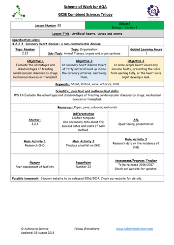 NEW Lesson 22 Artificial Hearts, valves and stents Biology Combined Science Trilogy (AQA) – Paper 1