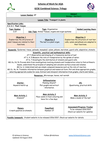 NEW Lesson 27 Transport in Plants  Biology Combined Science Trilogy (AQA) – Paper 1