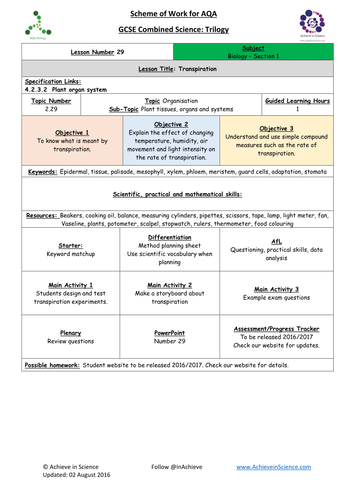 NEW Lesson 29 Transpiration  Biology Combined Science Trilogy (AQA) – Paper 1