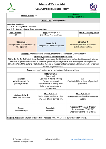 NEW Lesson 37 Photosynthesis  Biology Combined Science Trilogy (AQA) – Paper 1