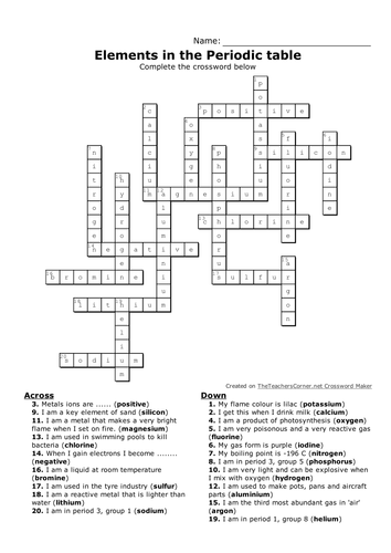 crossword the fe on periodic table and words, English: students learning for terms Chinese Chemistry