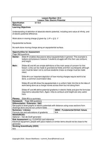 Physics A-Level Year 2 Lesson - Electric Potential (PowerPoint AND lesson plan)