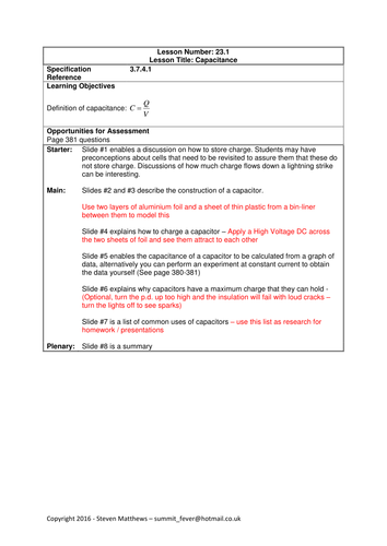 Physics A-Level Year 2 Lesson - Capacitance (PowerPoint AND lesson plan)