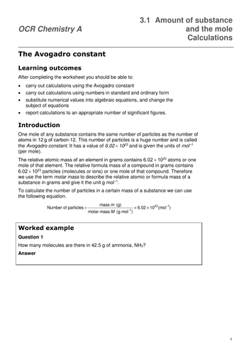 OCR A Level Chemistry A New Spec (from Sept 2015) - The mole and