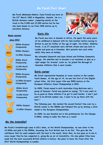 Mo Farah Reading Comprehension | Teaching Resources