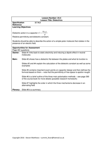 Physics A-Level Year 2 Lesson - Dielectrics (PowerPoint AND lesson plan)