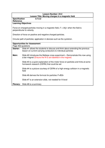 Physics A-Level Year 2 Lesson - Moving charges in a magnetic field (PowerPoint AND plan)