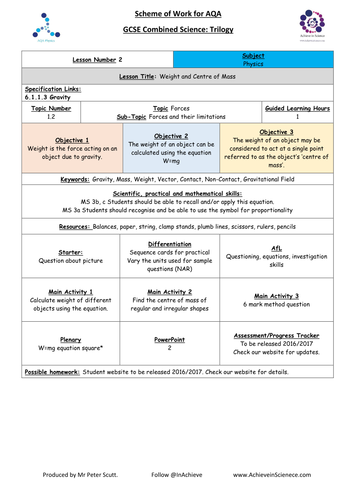 NEW Lesson 2: Weight and Centre of Mass  (09/2016) Physics Combined Science Trilogy (AQA) – Paper 2