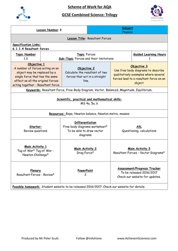 NEW Lesson 3: Resultant Forces (09/2016) Physics Combined Science Trilogy (AQA) – Paper 2