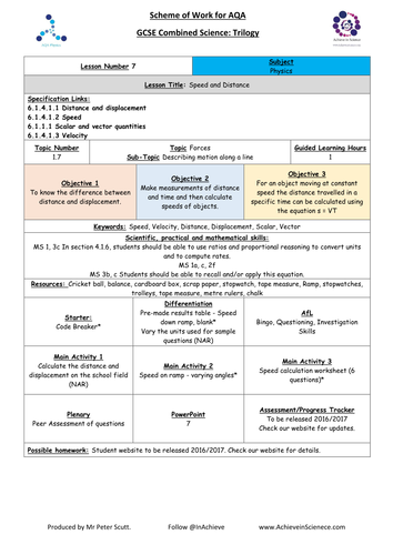 NEW Lesson 7 Speed (09/2016) Physics Combined Science Trilogy (AQA) – Paper 2