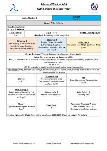 NEW Lesson 8 Velocity (09/2016) Physics Combined Science Trilogy (AQA) – Paper 2