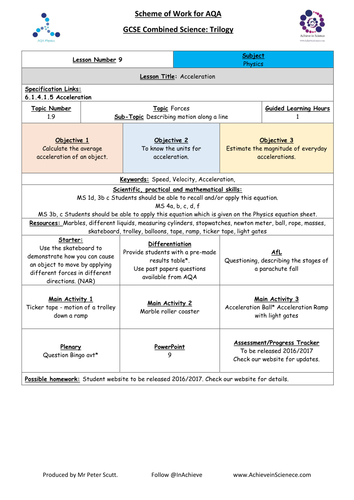 NEW Lesson 9 Acceleration (09/2016) Physics Combined Science Trilogy (AQA) – Paper 2
