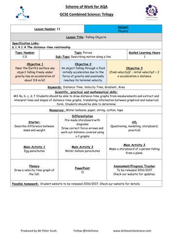 NEW Lesson 11 Falling Objects (09/2016) Physics Combined Science Trilogy (AQA) – Paper 2