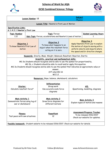 NEW Lesson 12 Newton's First Law (09/2016) Physics Combined Science Trilogy (AQA) – Paper 2