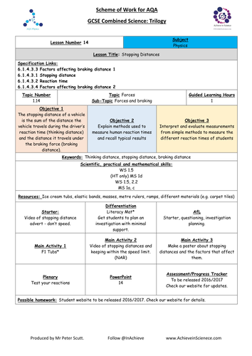 NEW Lesson 14 Stopping Distances (09/2016) Physics Combined Science Trilogy (AQA) – Paper 2