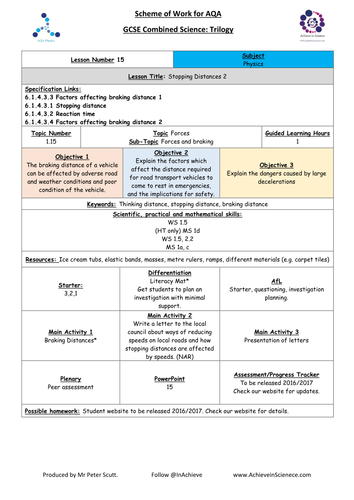 NEW Lesson 15 Stopping Distances 2 (09/2016) Physics Combined Science Trilogy (AQA) – Paper 2
