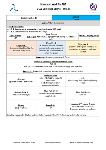 NEW Lesson 17 Momentum 2 (09/2016) Physics Combined Science Trilogy (AQA) – Paper 2