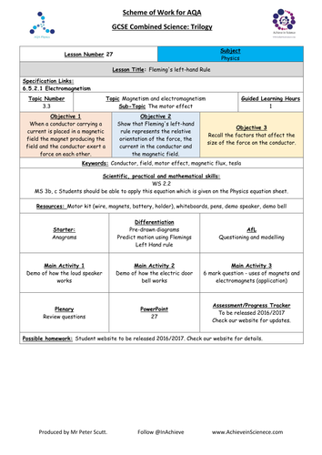 NEW Lesson 27 Flemings Left Hand Rule (09/2016) Physics Combined Science Trilogy (AQA) – Paper 2