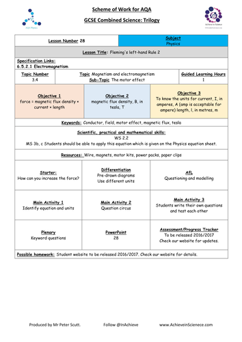 NEW Lesson 28 Flemings Left Hand Rule 2 (09/2016) Physics Combined Science Trilogy (AQA) – Paper 2