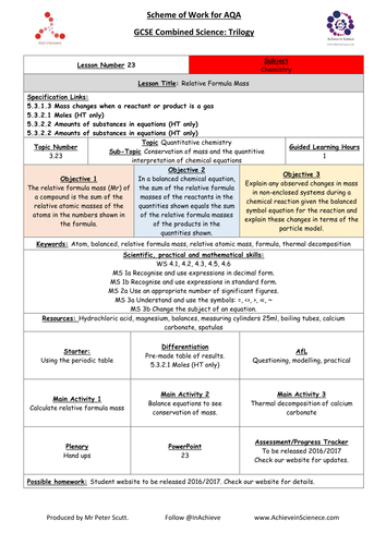 L23 Relative Formula Mass (NEW – 09/16) Chemistry Combined Science Trilogy (AQA) – Paper 1