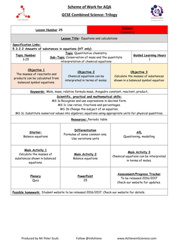 L25 Equations and Calculations (NEW – 09/16) Chemistry Combined Science Trilogy (AQA) – Paper 1