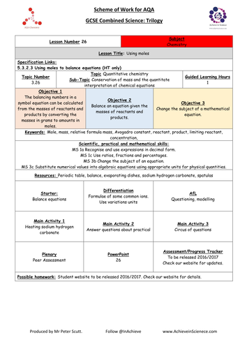 L26 Using Moles (NEW – 09/16) Chemistry Combined Science Trilogy (AQA) – Paper 1