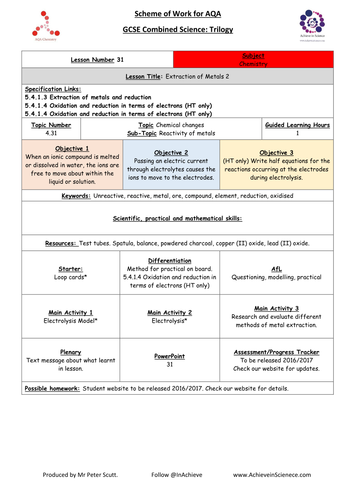 L31 Extraction of Metals 2  (NEW – 09/16) Chemistry Combined Science Trilogy (AQA) – Paper 1